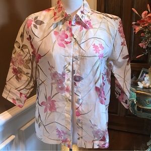 Notations, linen blend blouse, Pink and Cream 3/4 sleeve button down